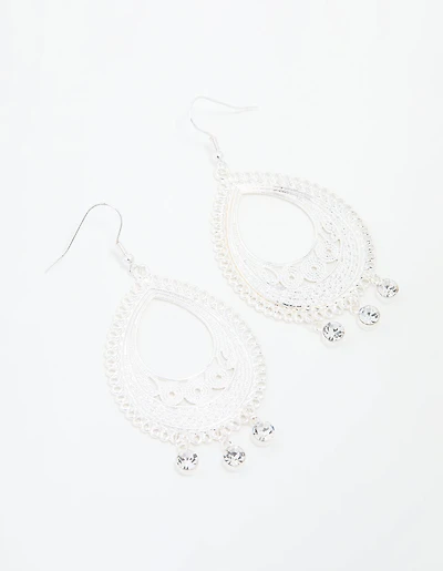 Silver Diamante Filigree Oval Drop Earrings