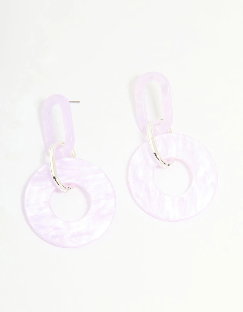 Silver Pink Acrylic Circle Link Drop Earrings