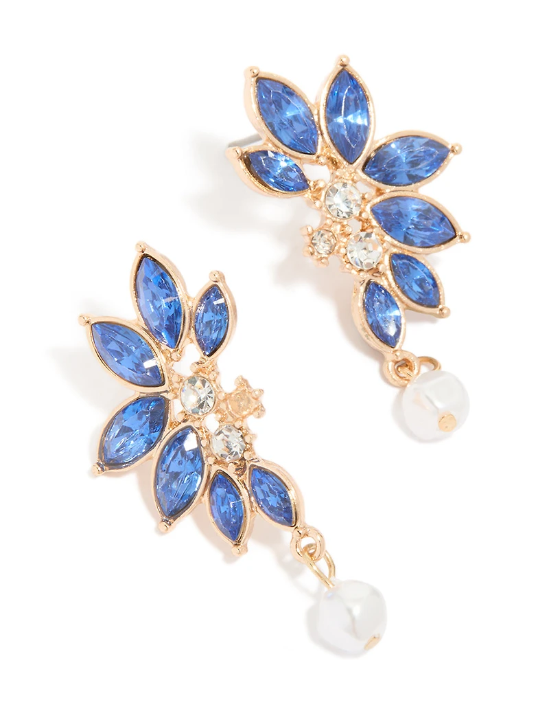 Gold Blue Diamante Pearl Marquise Stud Earrings