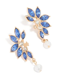 Gold Blue Diamante Pearl Marquise Stud Earrings