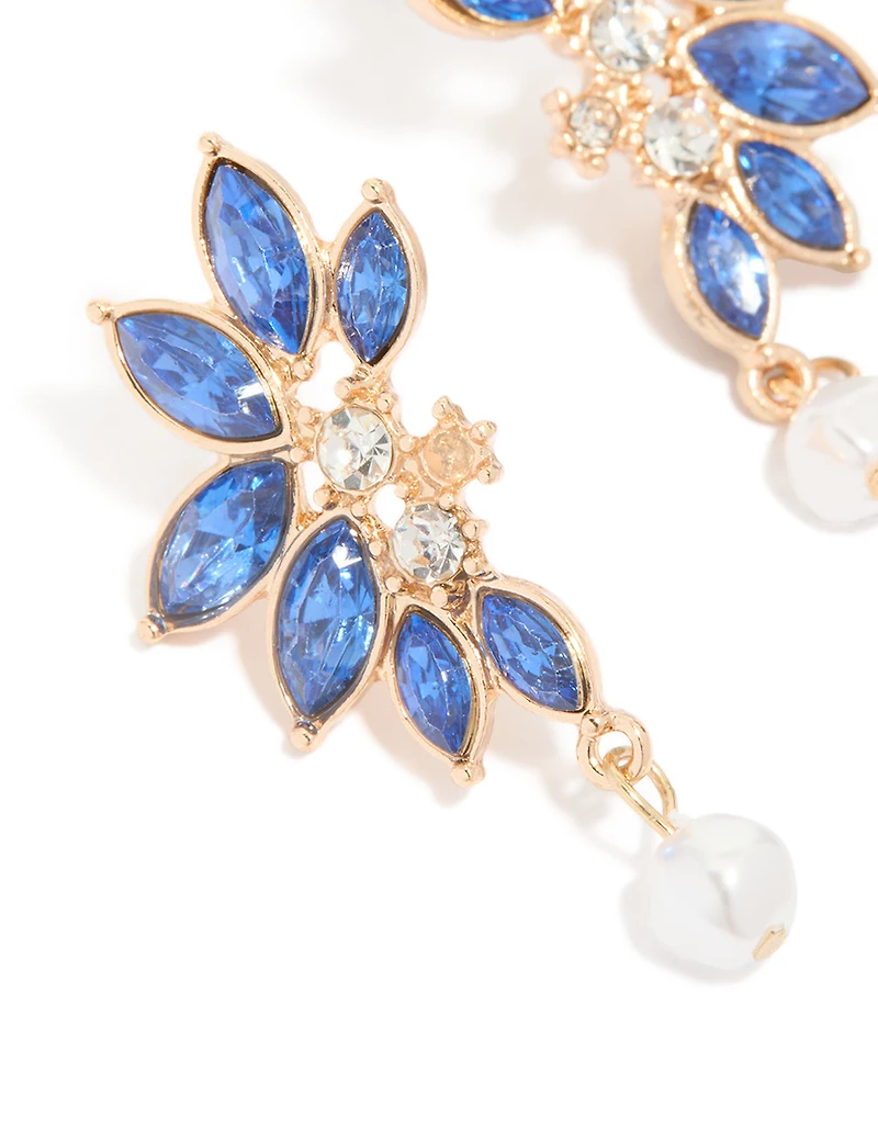 Gold Blue Diamante Pearl Marquise Stud Earrings