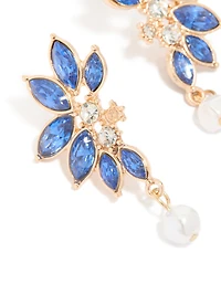 Gold Blue Diamante Pearl Marquise Stud Earrings