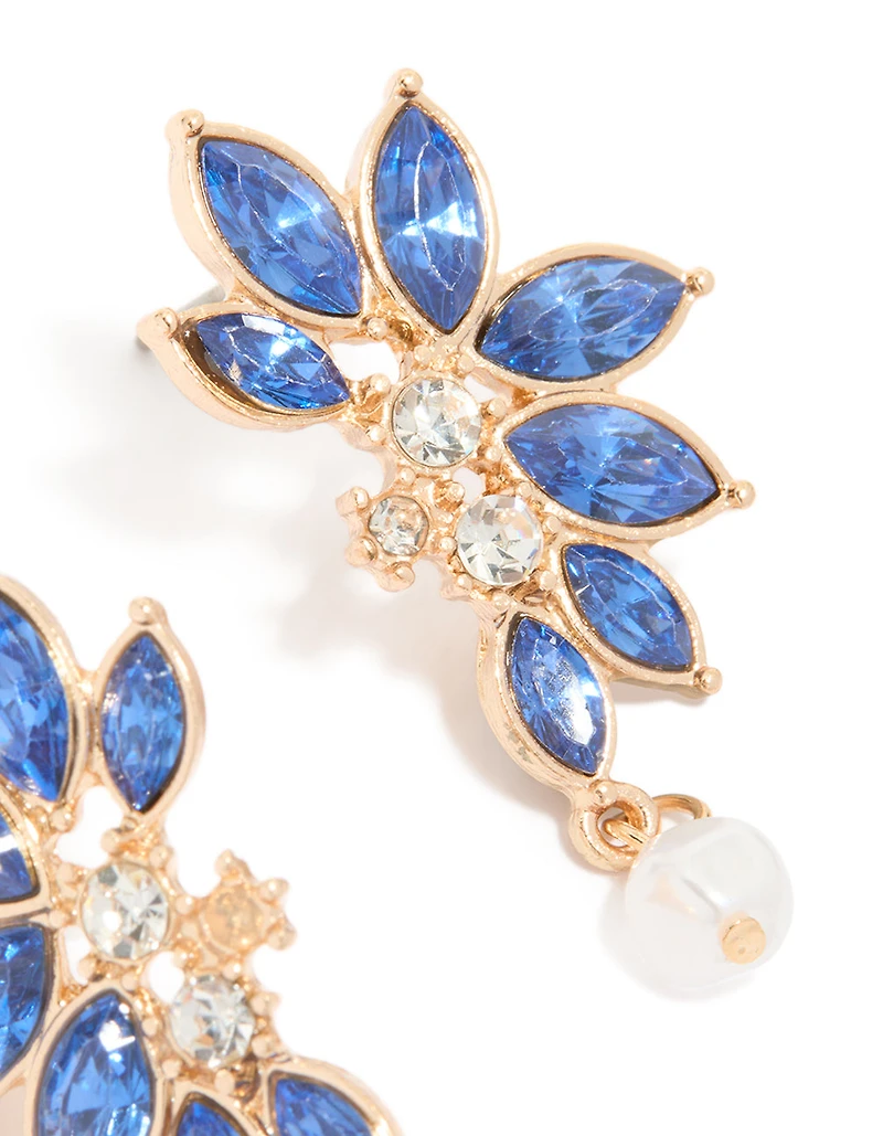 Gold Blue Diamante Pearl Marquise Stud Earrings