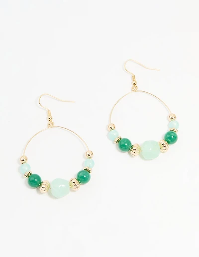 Gold Green Beaded Circular Drop Earrings