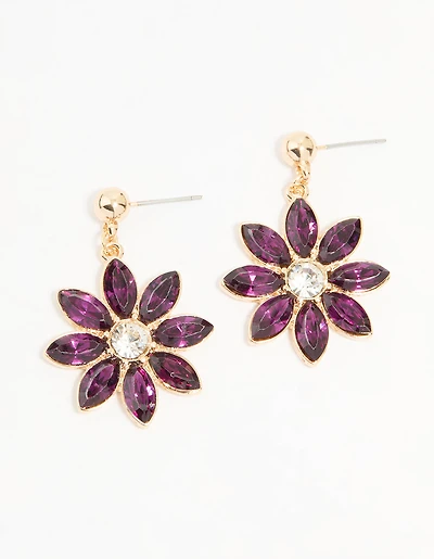 Gold Purple Diamante Flower Drop Earrings