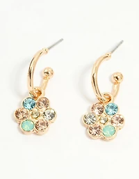 Gold Multicoloured Diamante Flower Huggie Earrings
