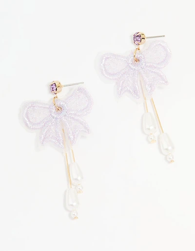 Gold Pearl Mesh Bow Drop Earrings