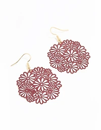 Gold Pink Filigree Flower Drop Earrings