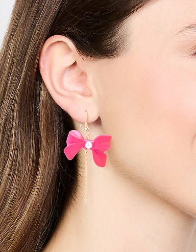 Gold Pearl & Pink Bow Chain Drop Earrings