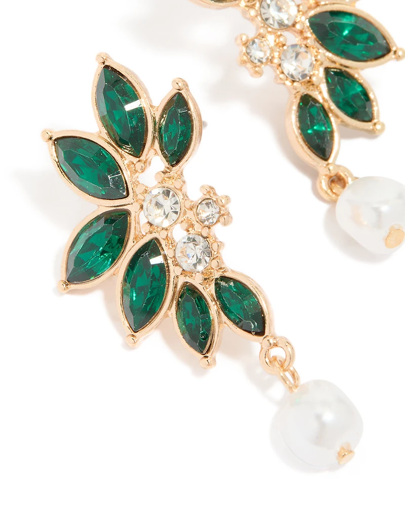 Gold Green Diamante & Pearl Marquise Stud Earrings