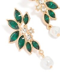 Gold Green Diamante & Pearl Marquise Stud Earrings