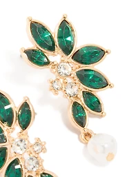 Gold Green Diamante & Pearl Marquise Stud Earrings