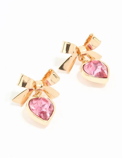 Gold Pink Diamante Heart & Bow Drop Earrings