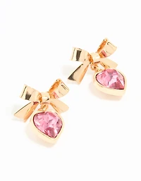 Gold Pink Diamante Heart & Bow Drop Earrings