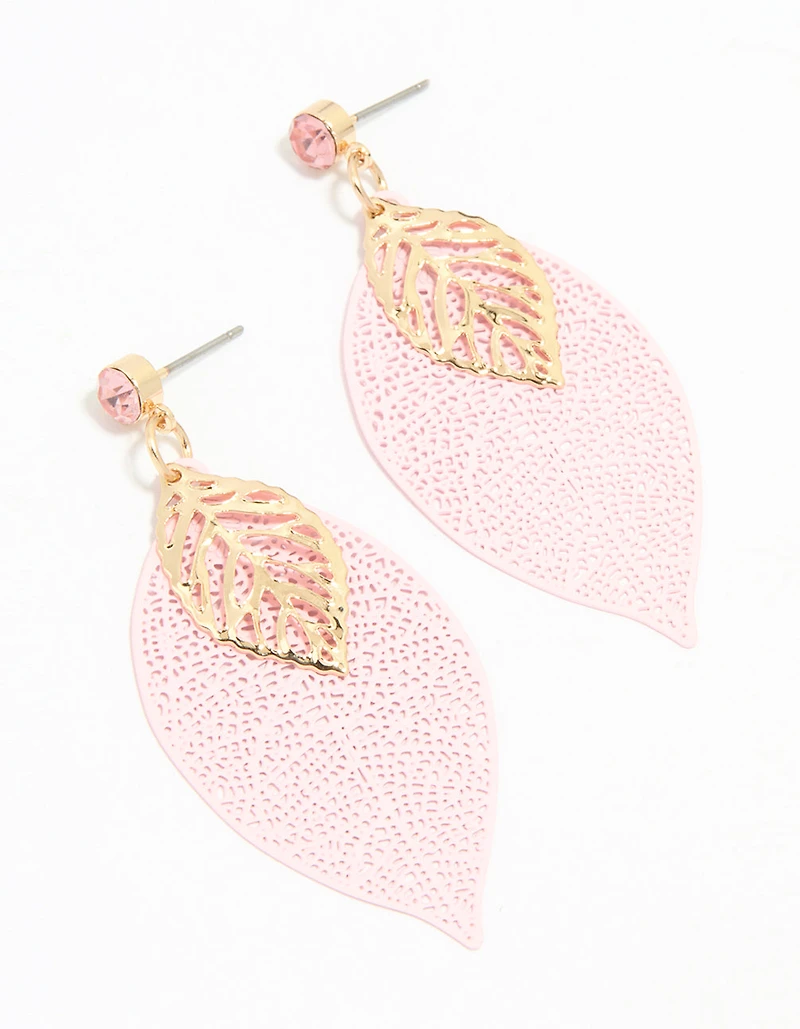 Gold Pink & Filigree Leaf Drop Earrings