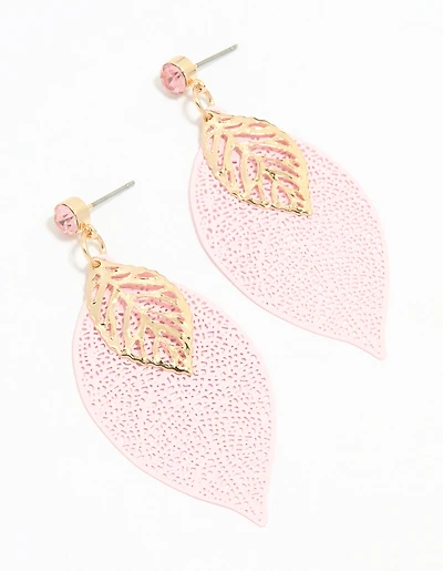 Gold Pink & Filigree Leaf Drop Earrings