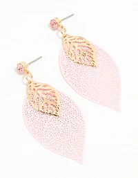 Gold Pink & Filigree Leaf Drop Earrings