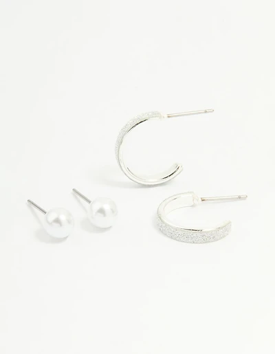 Silver Glitter Paper & Pearl Stud Earrings 2-Pack