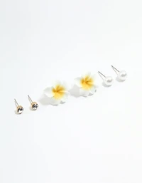 Silver Diamante Pearl & Frangipani Earrings 3-Pack
