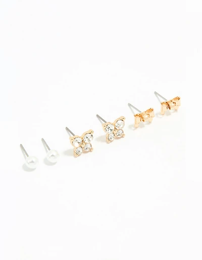 Gold Diamante & Butterfly Stud Earrings 3-Pack
