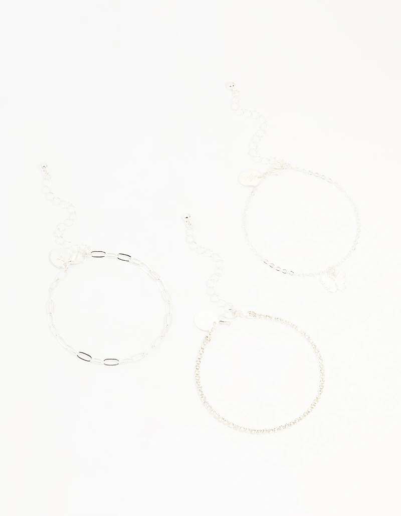 Silver Diamante Chain & Butterfly Bracelets 3-Pack