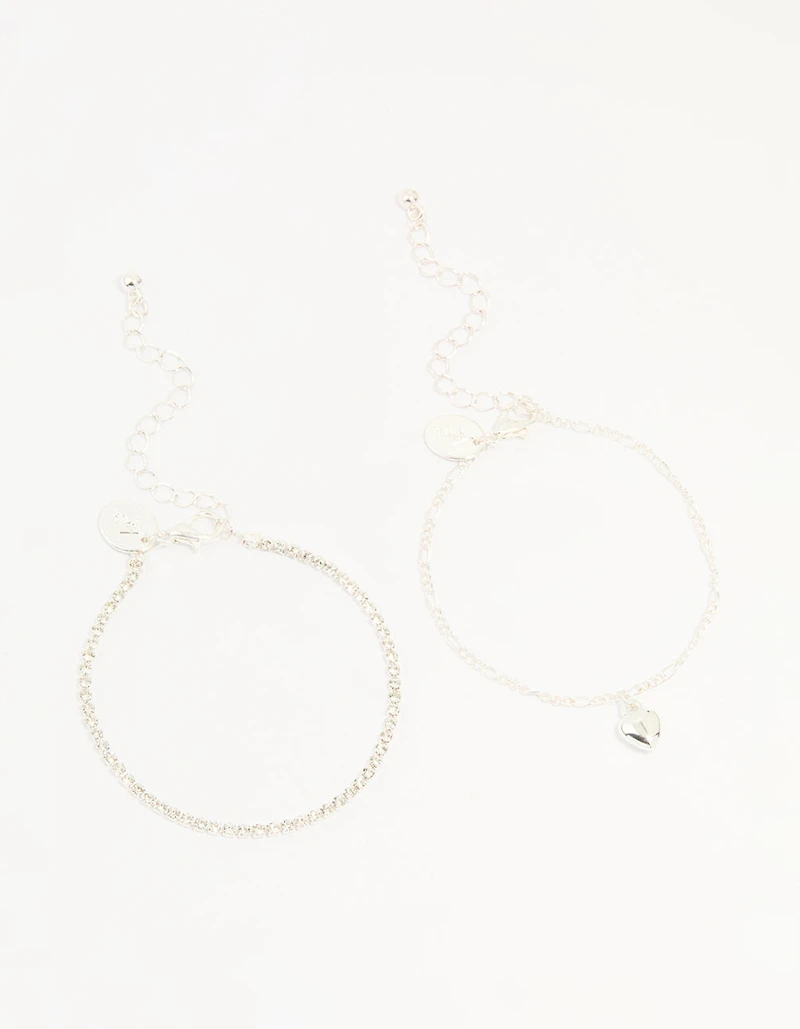 Silver Diamante Tennis Bracelet & Heart Bracelet 2-Pack