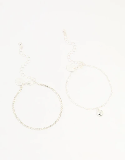 Silver Diamante Tennis Bracelet & Heart Bracelet 2-Pack