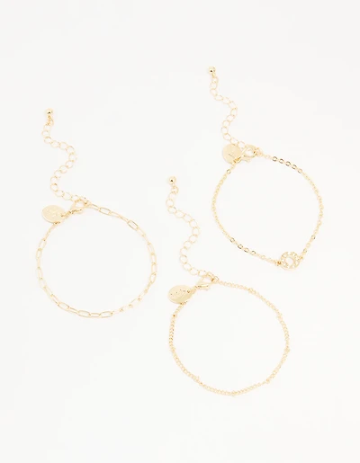 Gold Diamante Circle & Chain Bracelets 3-Pack