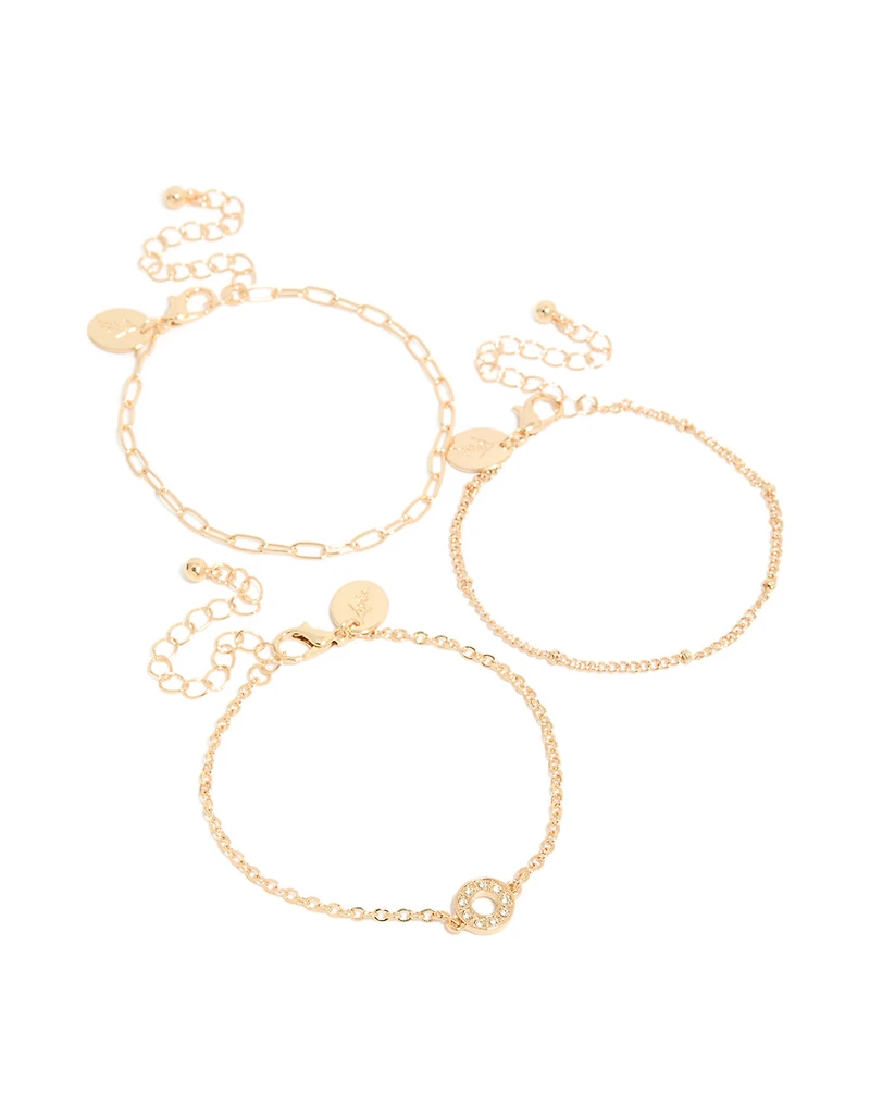 Gold Diamante Circle & Chain Bracelets 3-Pack