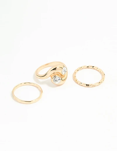 Gold Thick Diamante Twisted Stacking Rings 3-Pack