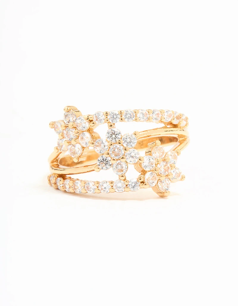 Gold Plated Cubic Zirconia Flower Stacked Ring