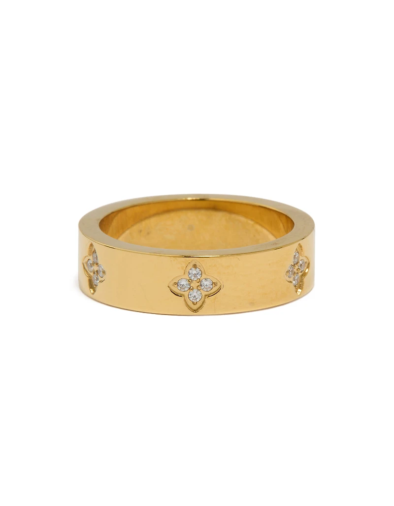 Waterproof Gold Plated Stainless Steel Cubic Zirconia Flower Band Ring