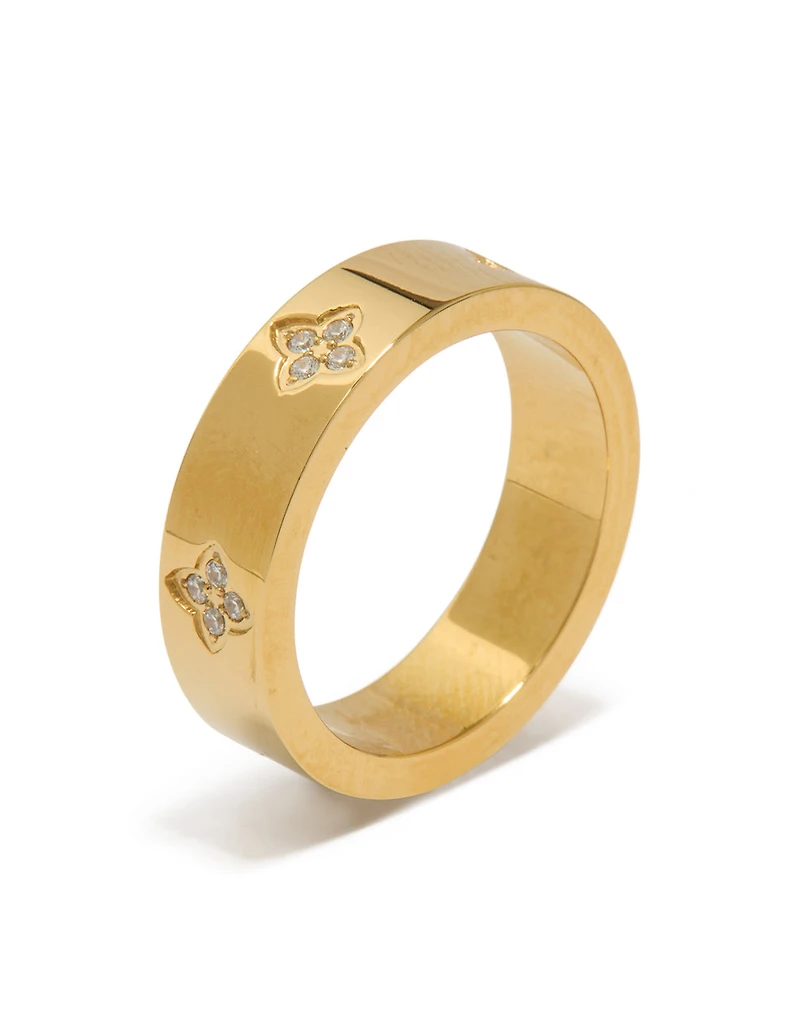 Waterproof Gold Plated Stainless Steel Cubic Zirconia Flower Band Ring