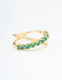 Gold Plated Green Cubic Zirconia Criss Cross Ring