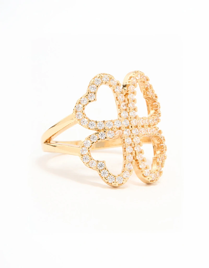 Gold Plated Cubic Zirconia Shamrock Statement Ring