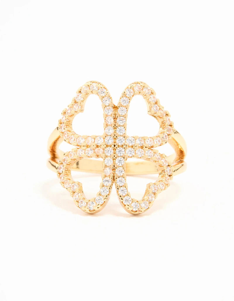 Gold Plated Cubic Zirconia Shamrock Statement Ring