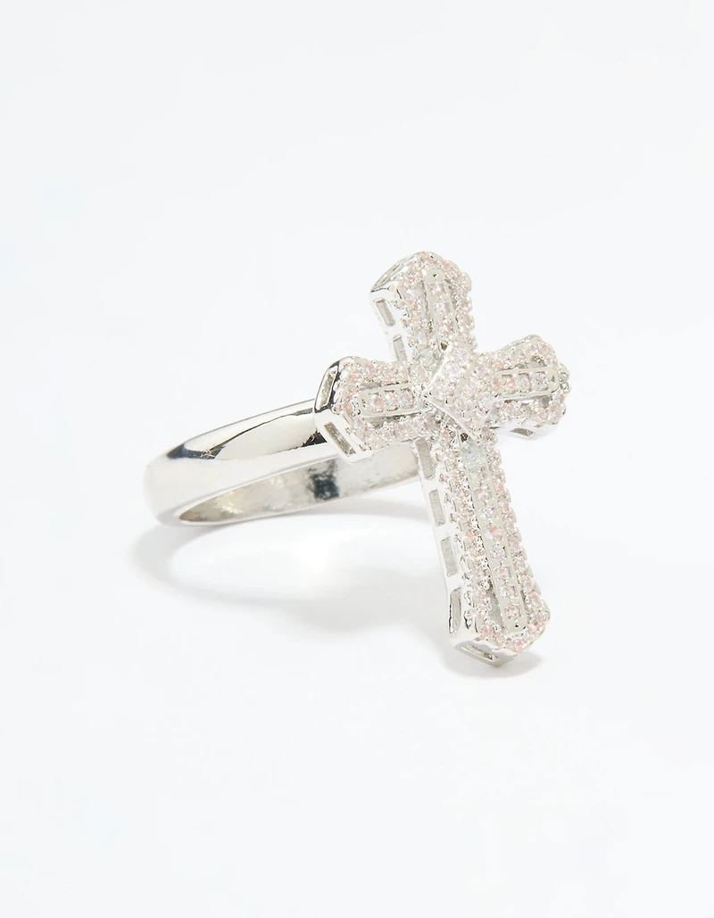 Silver Plated Cubic Zirconia Statement Cross Ring