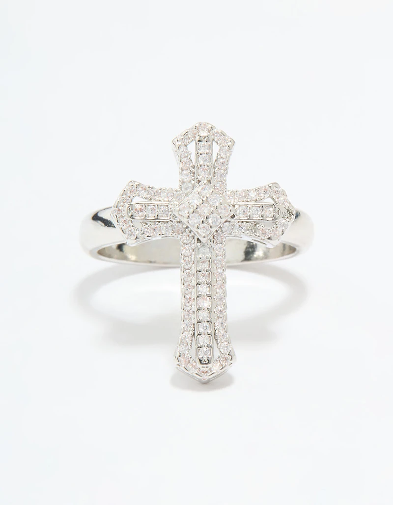 Silver Plated Cubic Zirconia Statement Cross Ring