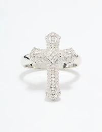 Silver Plated Cubic Zirconia Statement Cross Ring