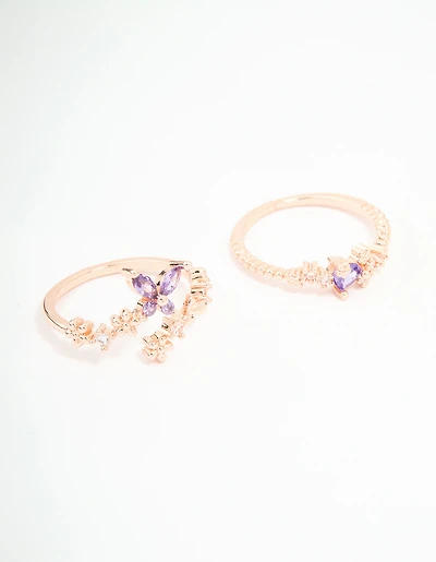 Rose Gold Cubic Zirconia Dainty Butterfly Rings 2-Pack