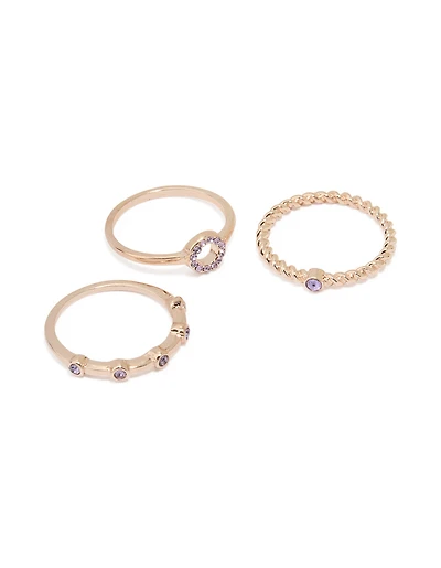 Rose Gold Purple Diamante Rings 3-Pack