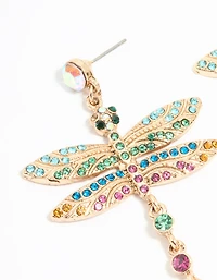 Gold Multicoloured Diamante Dragonfly Drop Earrings