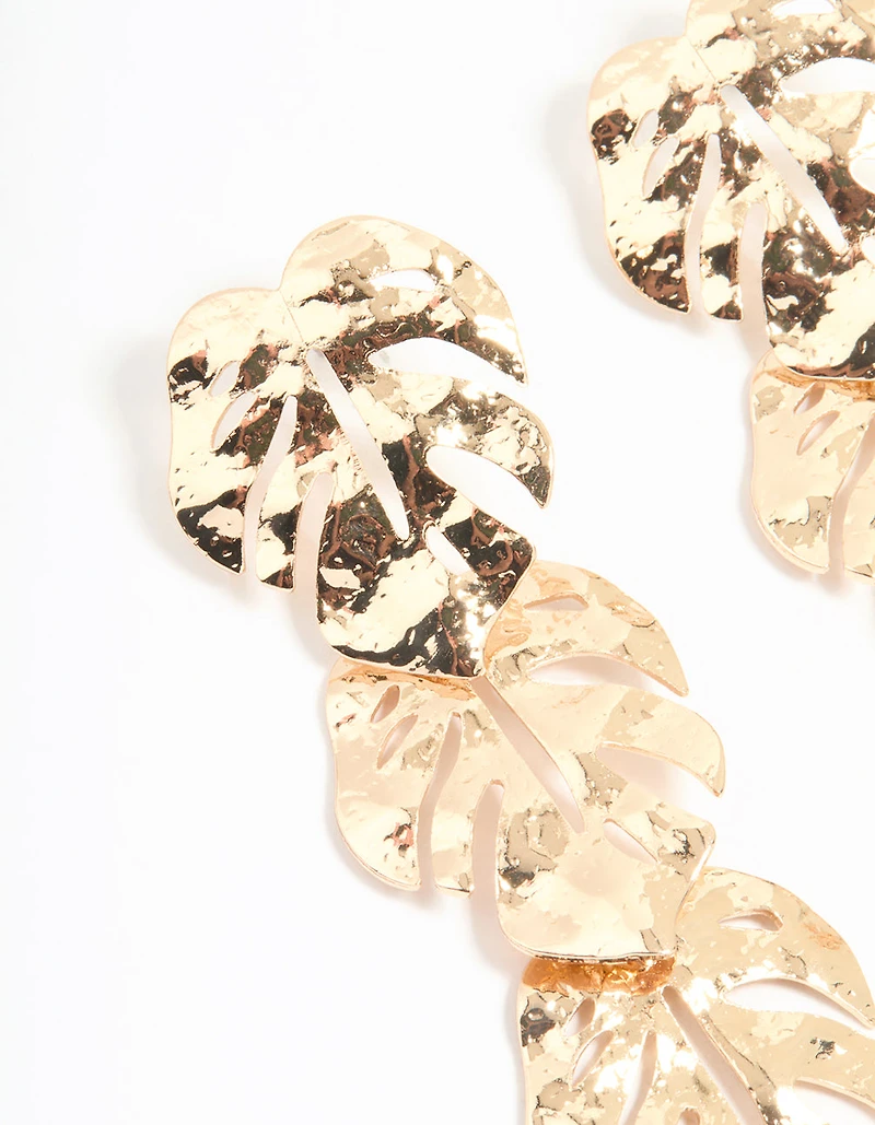 Gold Molten Leaf Drop Earrings