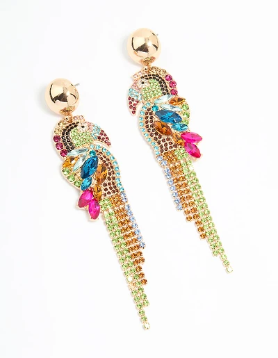 Gold Multicoloured Diamante Parrot Drop Earrings