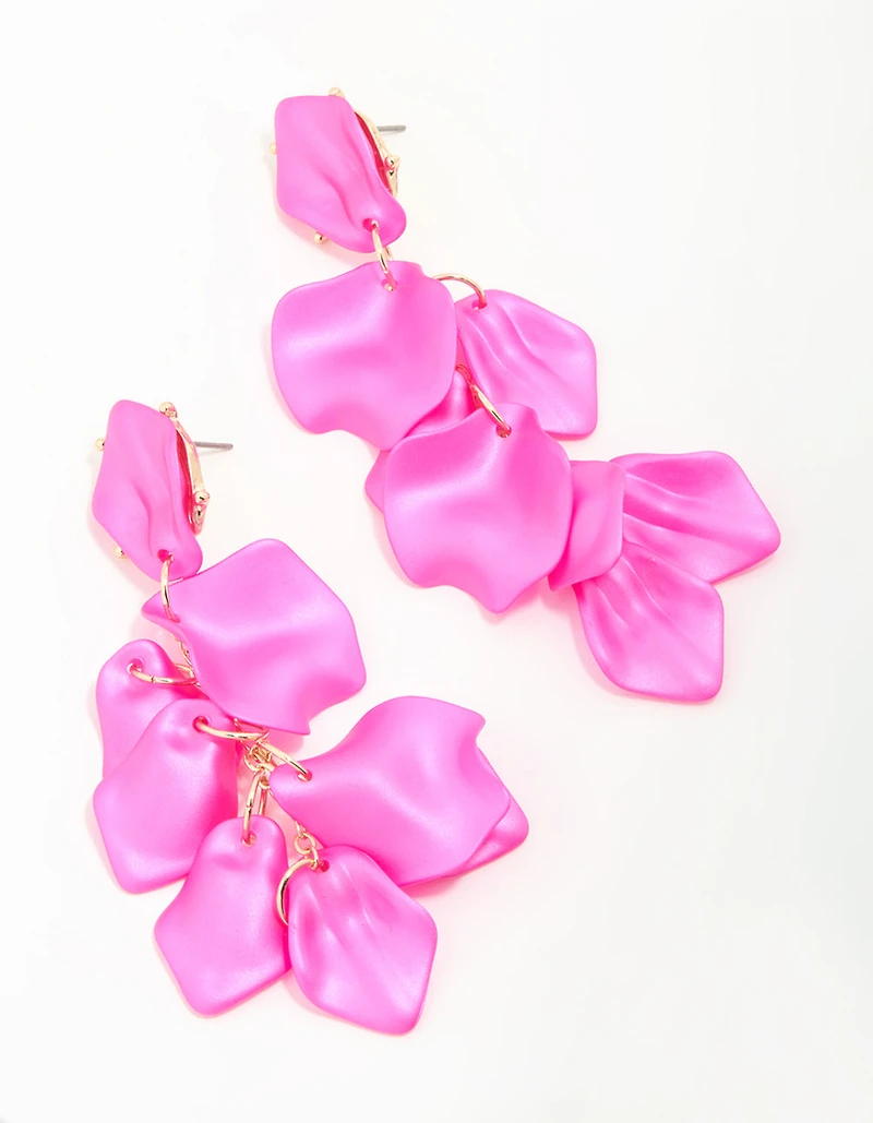 Gold Fuschia Pearlised Petal Drop Earrings