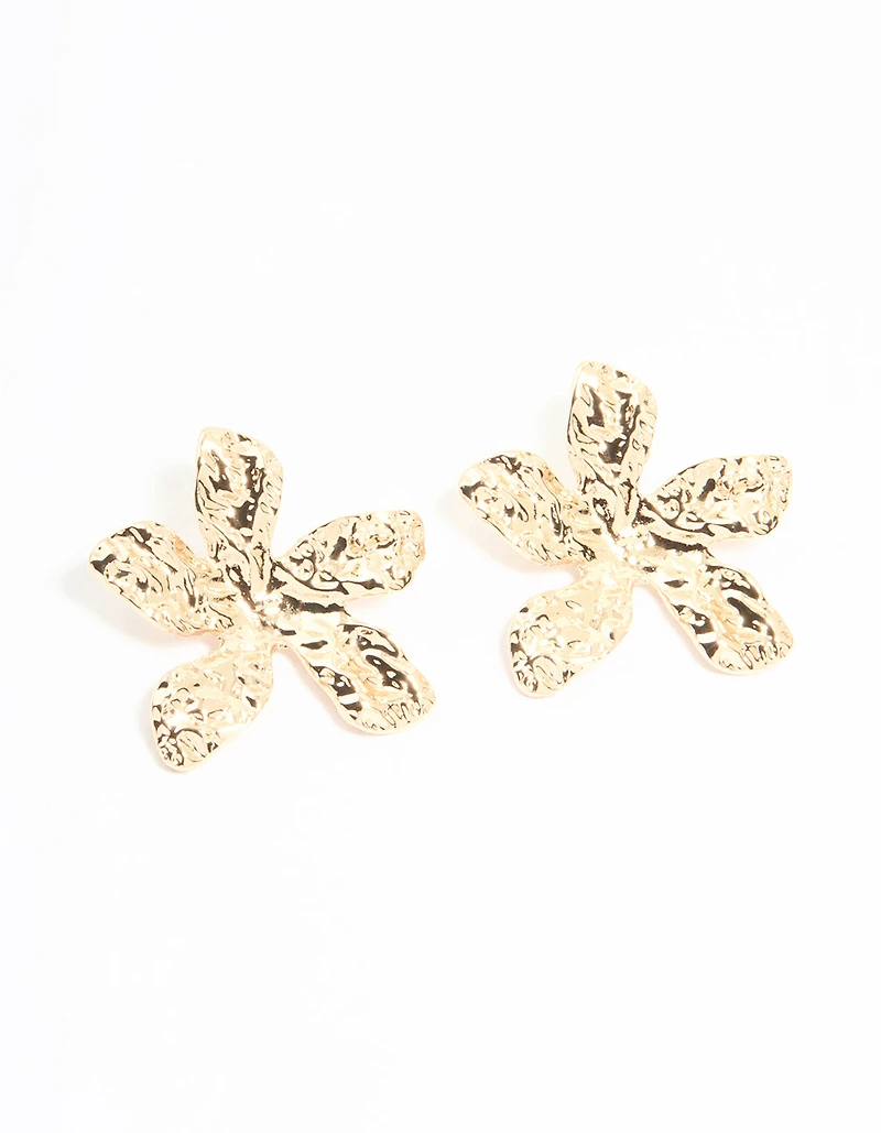 Gold Textured Flower Large Stud Earrings
