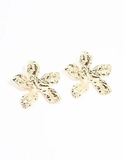 Gold Textured Flower Large Stud Earrings