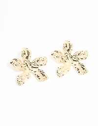 Gold Textured Flower Large Stud Earrings