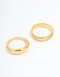 Waterproof Gold Plated Stainless Steel Ridge & Smooth Rings 2-Pack