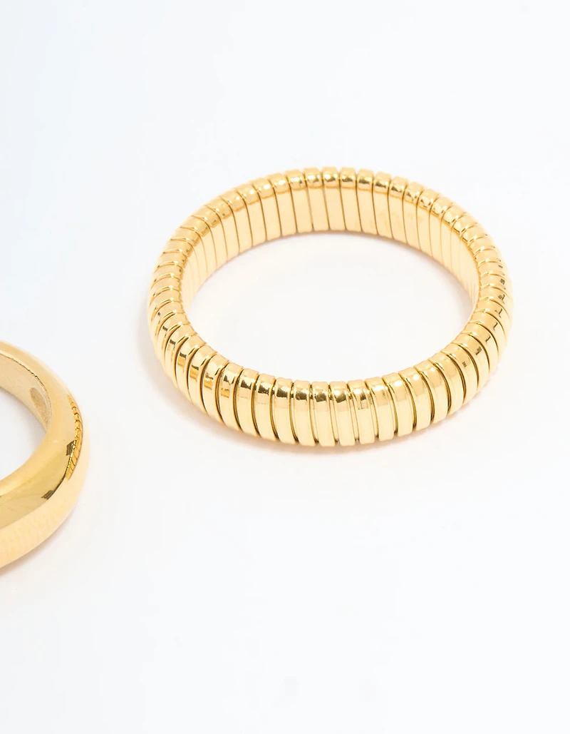 Waterproof Gold Plated Stainless Steel Ridge & Smooth Rings 2-Pack